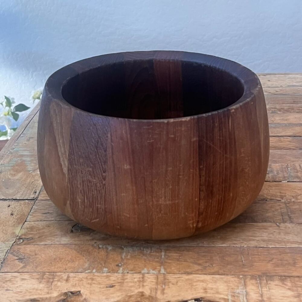 Staved Teak Wood Salad Serving Bowl 9 in Modern
